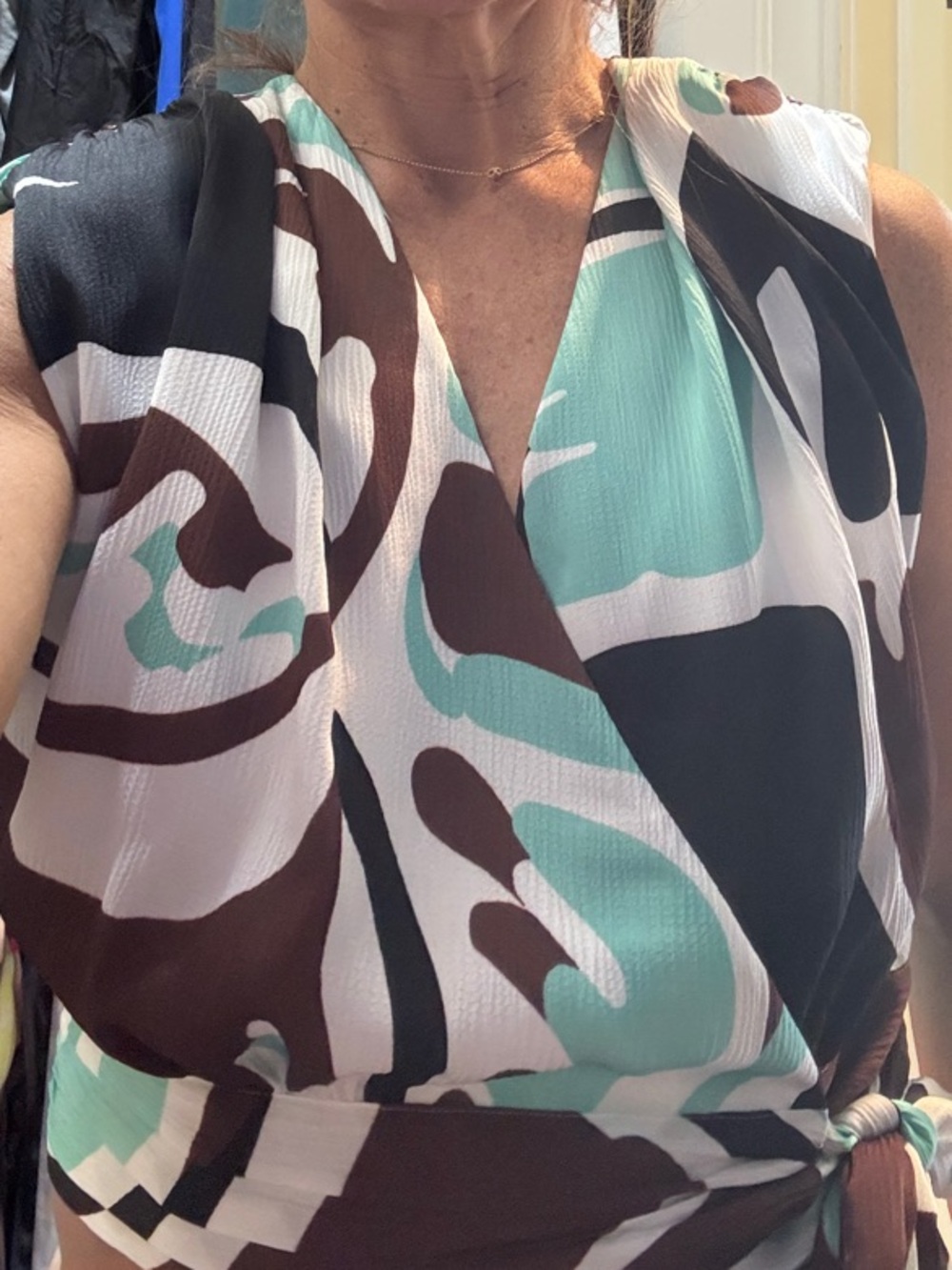 SUNCOO Sleeveless Wrap Blouse in Mint, Brown & Black